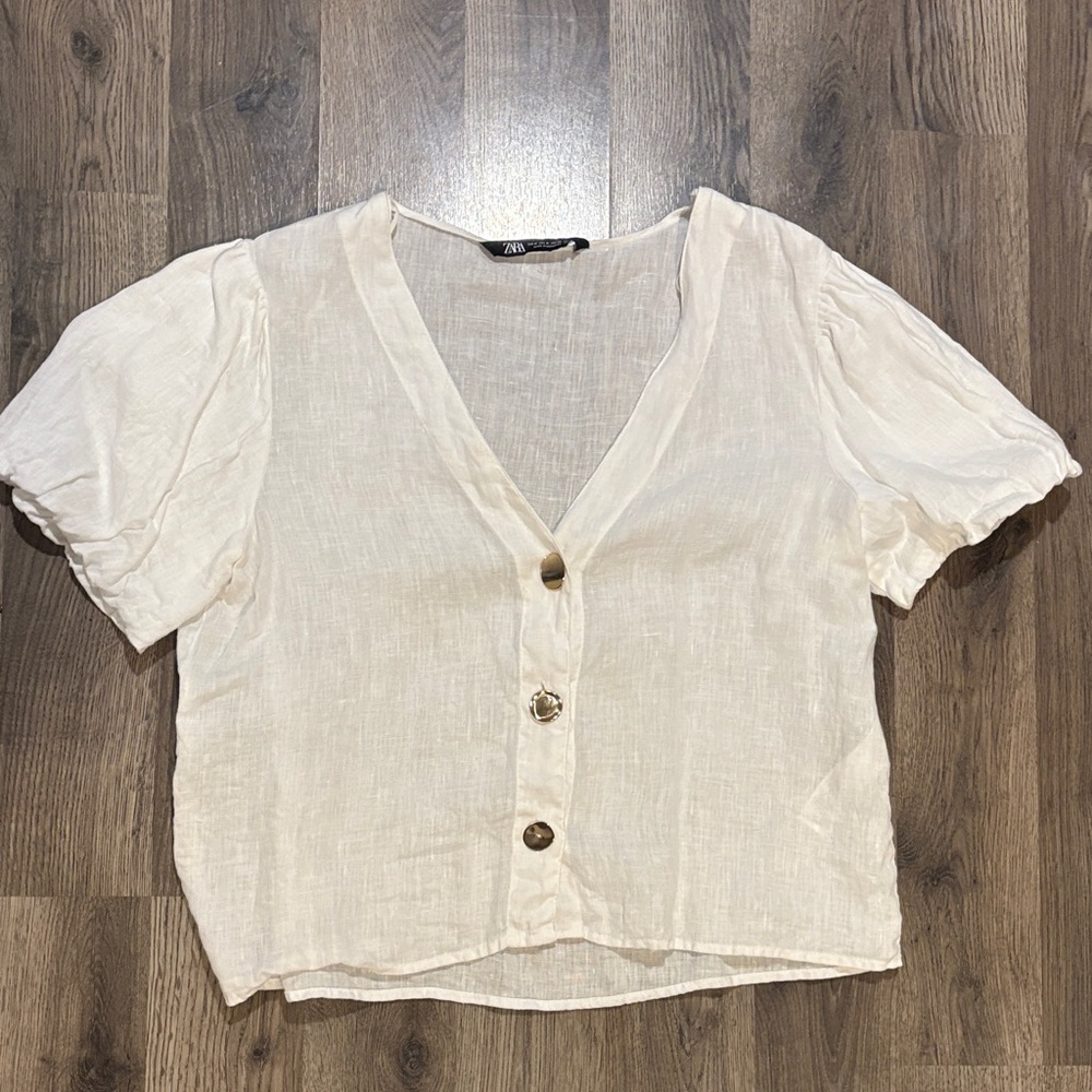Zara 100% linen Women's V-Neck top